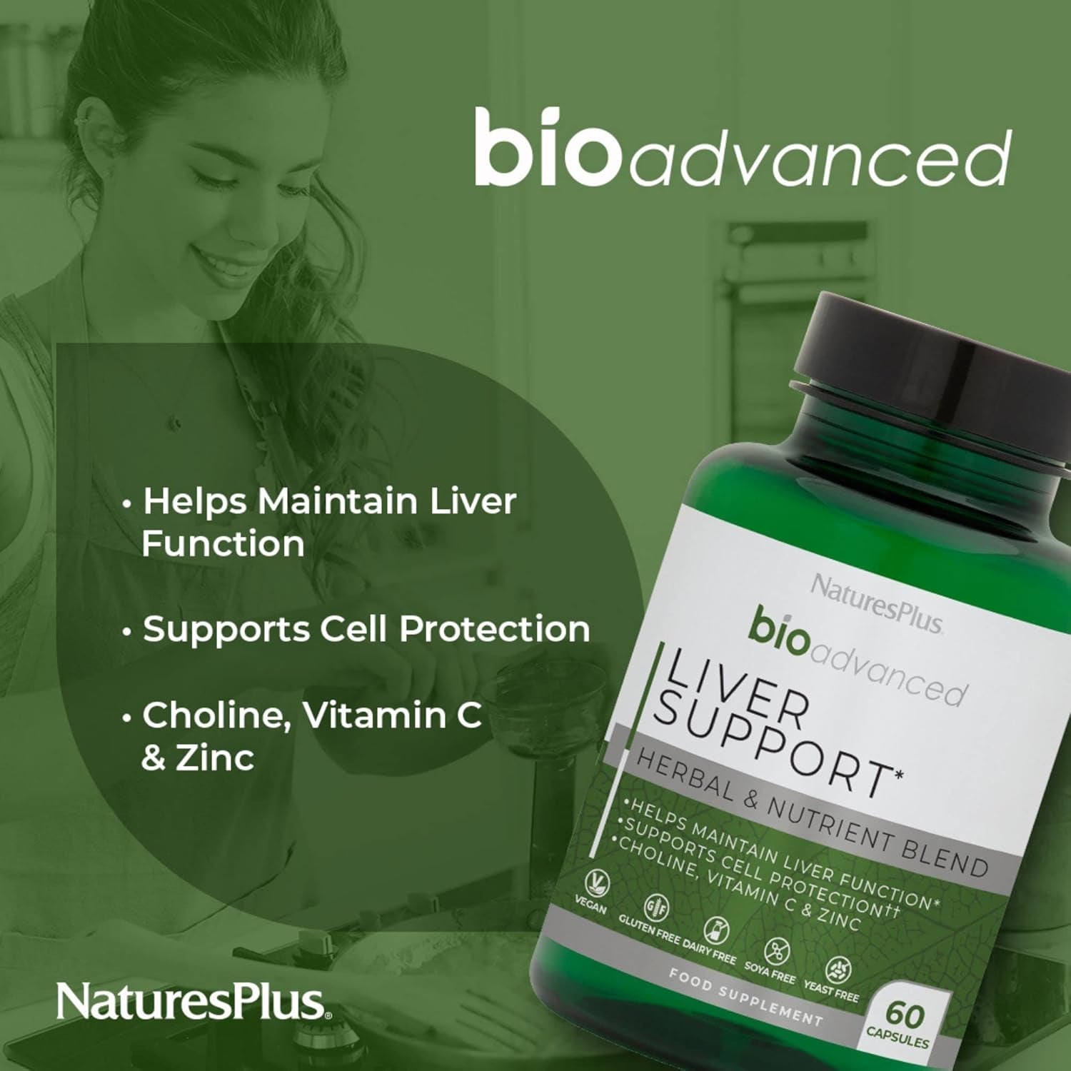 Naturesplus Bio Advanced Liver Support - Liver Health Supplement with Turmeric, Artichoke, Milk Thistle, Dandelion, Choline and Methyl Bs - Gluten, Dairy and SOYA Free - Vegan, 60 Capsules