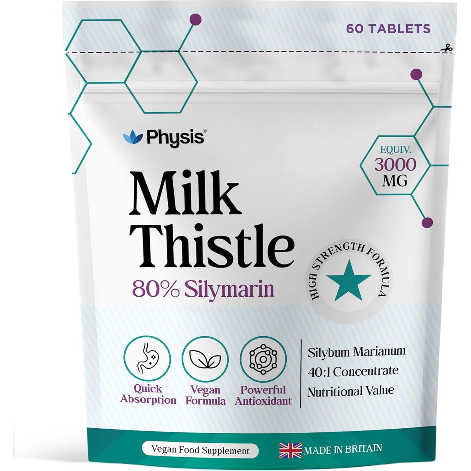 Physis Milk Thistle High Strength | 80% Silymarin | Liver Support Supplements | Milk Thistle Seeds | Vegan Food Supplement | 60 X Tablets | Made in Britain