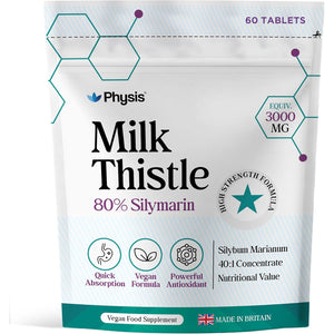 Physis Milk Thistle High Strength | 80% Silymarin | Liver Support Supplements | Milk Thistle Seeds | Vegan Food Supplement | 60 X Tablets | Made in Britain