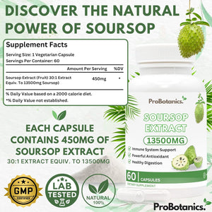 Organic Soursop Capsules | Full Spectrum 13500Mg 30:1 Extract per Serving | Potent Antioxidant & Immune Support - 60 Capsules