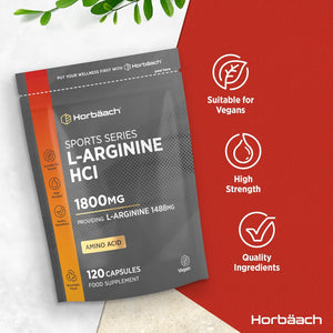L-Arginine Supplement 1800Mg | 120 Vegan Capsules | High Strength Amino Acids Capsules for Pre and Post Workout | Keto Diet Friendly | by Horbaach