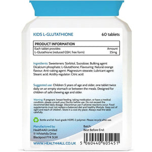 Health4All Kids L-Glutathione 25Mg 60 Chewable Tablets, Reduced Glutathione (GSH) Antioxidant and Detox Support Supplement for Children 5+, Natural Vegan Orange Flavour, Sugar-Free | Made in UK