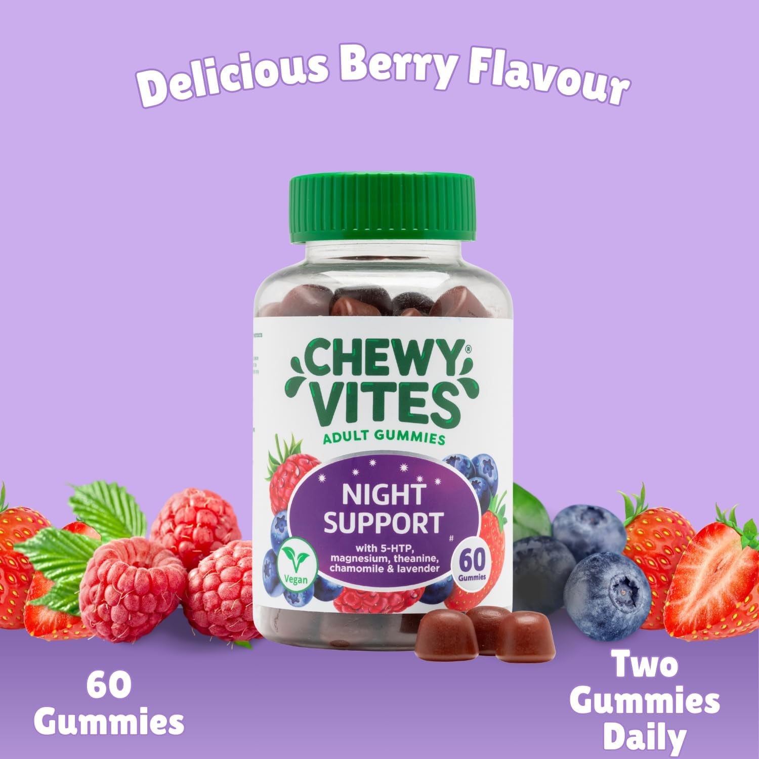 Chewy Vites Adult Night Support, 60 Non-Melatonin Gummies with 5-HTP, Magnesium, Theanine, Chamomile, Lavender, Herbal Night Time Gummies, 1 Months Supply, Berries Flavour