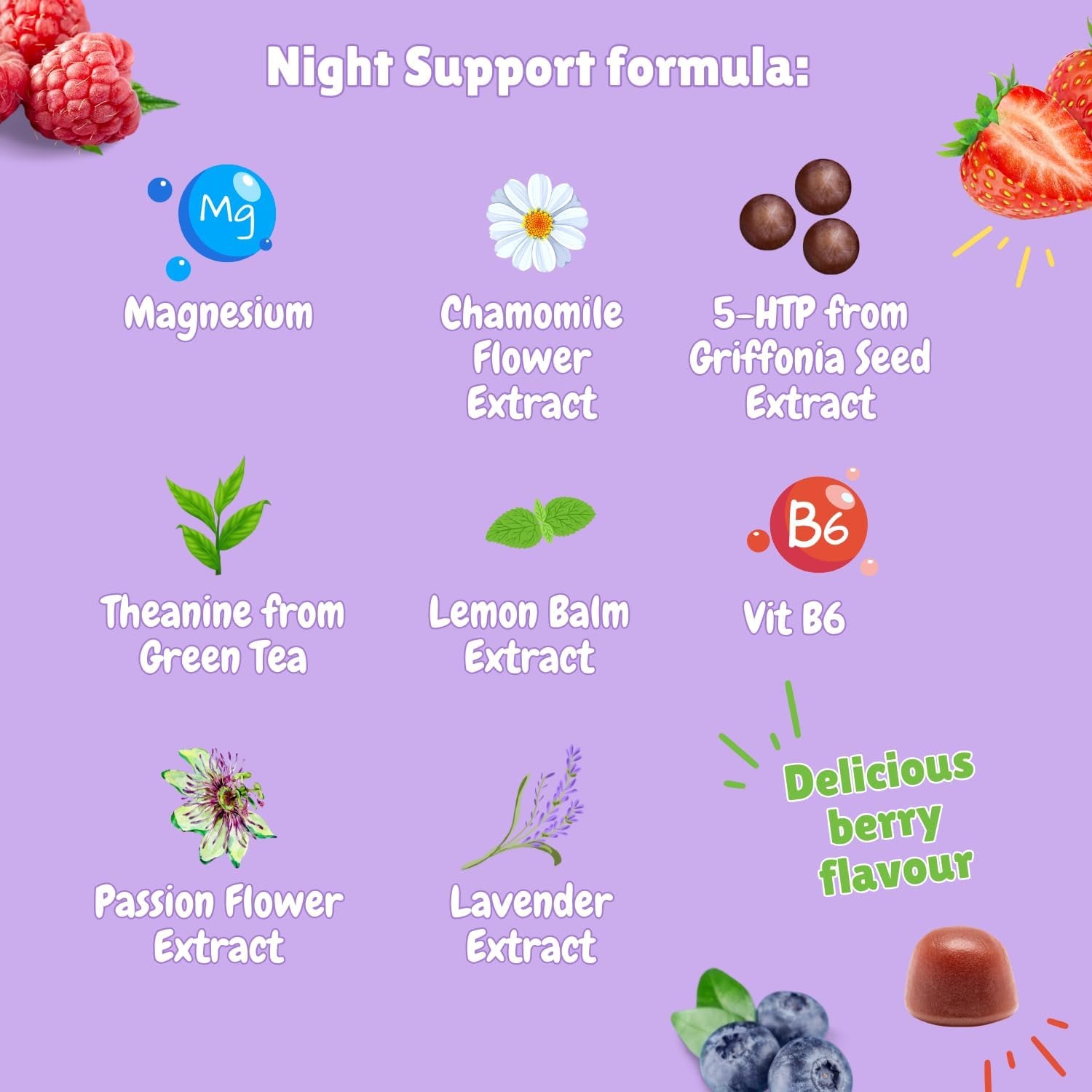 Chewy Vites Adult Night Support, 60 Non-Melatonin Gummies with 5-HTP, Magnesium, Theanine, Chamomile, Lavender, Herbal Night Time Gummies, 1 Months Supply, Berries Flavour
