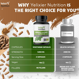 Yelixir Nutrition Moringa Capsules 5450Mg, High Strength Moringa Leaf Extract 120 Veg Capsules with Black Pepper, No Added Fillers like Brown Rice Flour