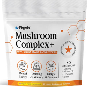 Physis Mushroom Gummies Complex 2000Mg | Attention Focus Clarity | Immunity & Energy | Brain Support | High Strength | Maitake, Reishi, Lion’S Mane & Chaga | 60 X Juicy Blackcurrant 1 Month Supply