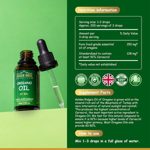 Oregano Oil Drops 100% Pure & Undiluted Potent Min 92% Carvacrol | 30Ml Max-Strength Wild Mediterranean Essential Oil of Oregano Support for Cold, Cough, Sore Throat & Gut Health | Bottled in the UK