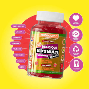 Kids Multi Vitality Sugar Free Gummy | Multivitamin for Bones, Teeth, Immunity, Energy & Cognitive Function | Strawberry Flavour | 60 Vegan Gummies | Suitable for Kids Age 5+ by NUTRIGUMS®