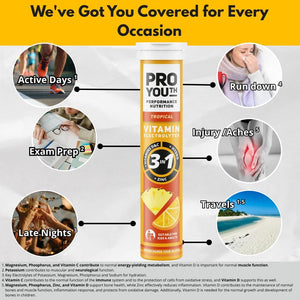 Proyouth Electrolytes Tablets with Vitamins for Kids and Adults - Hydration & Rehydration Tablets with Electrolytes, Vitamins and Minerals - No Caffeine, No Sugar | 20 Tablets Tropical | Pack of 1