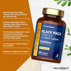 Black Maca Root 12,000Mg (High Strength) | Complex with Black Maca, Panax Ginseng, Yellow Maca & Black Pepper | 180 Vegan Tablets | by Horbaach