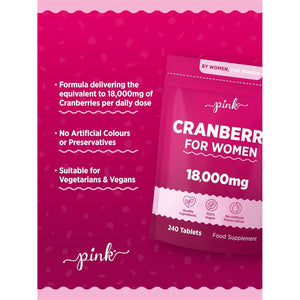 Cranberry Tablets for Urinary Infections 18,000Mg | High Strength Cranberry Extract | 240 Vegan Tablets | Supplement for Women & Men | by Pink