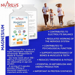 Nutrilus Magnesium Trio Complex 120 Capsules 375Mg per Serving - Magnesium Bisglycinate & Malate & Taurate and Vitamin B6 - Vegan UK Made Supplement