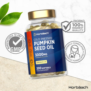 Pumpkin Seed Oil Capsules 3000Mg | Omega 6 and 9 Fatty Acids | Cold-Pressed | High Strength Supplement | 200 Softgels | by Horbaach