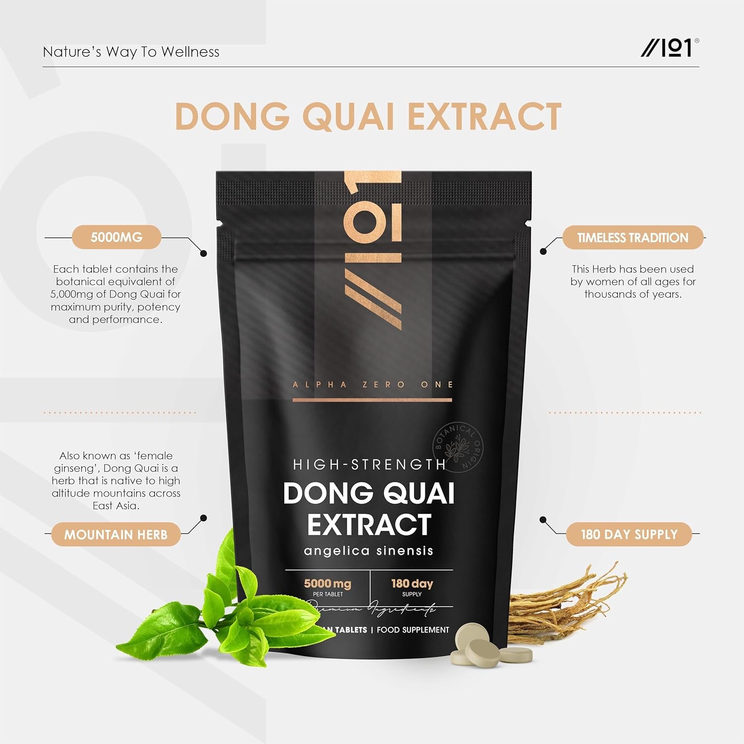 Dong Quai Extract 5000Mg – 180 Vegan Tablets – High Strength 100:1 Angelica Sinensis Extract Supplement – Resealable and Recyclable Pouch by Alpha01
