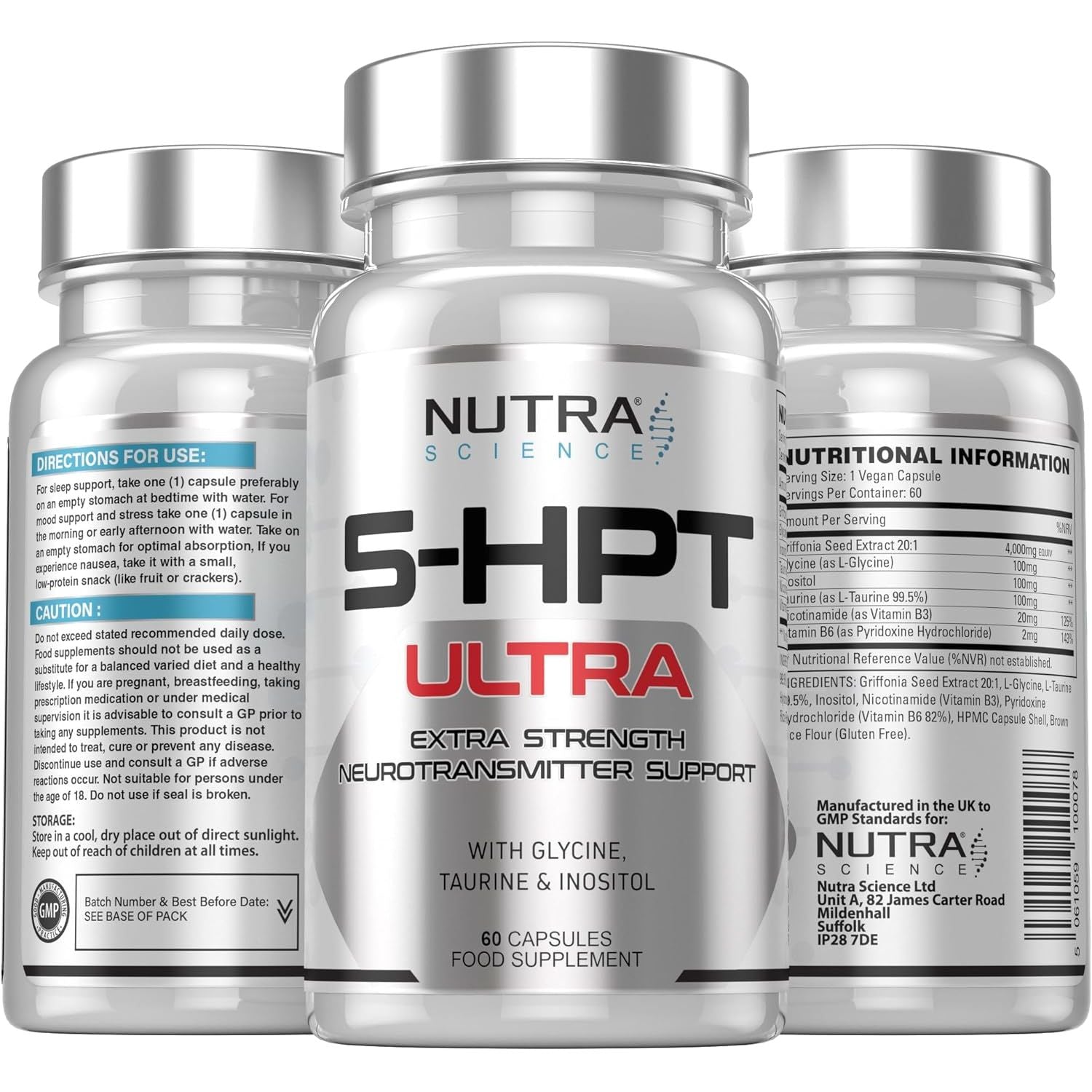 5HPT Ultra 4,000MG - Extra Strength Griffonia Seed Extract Neurotransmitter Support with Nicotinamide, Glycine, Inositol, Vitamin B6, 60 Vegan Capsules