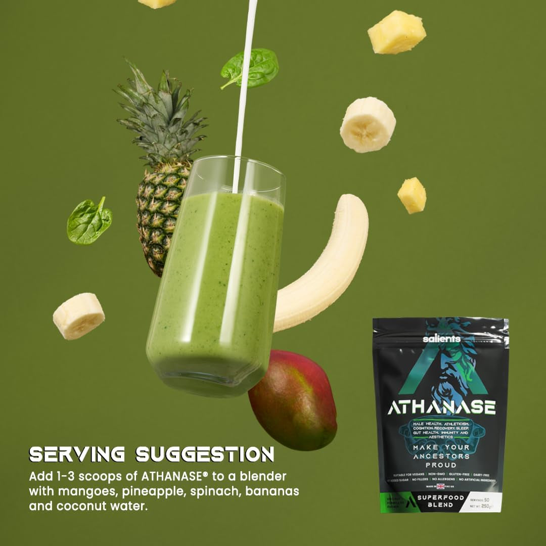 SALIENTS® ATHANASE® | Men'S Super Greens Powder | Superfood Powder Blend | Includes Maca Root, Guarana, Ashwagandha, Lions Mane, Shilajit, Fenugreek & More | 250G & 50 Servings | UK