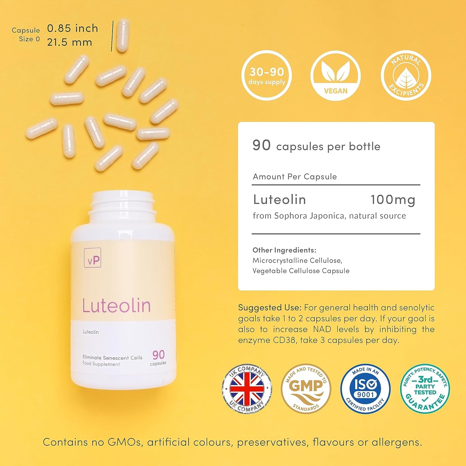 Vp Vitality Pro Luteolin 100Mg X 90 Capsules - Third Party Tested - Senolytic Luteolin Supplement - Vitality Pro