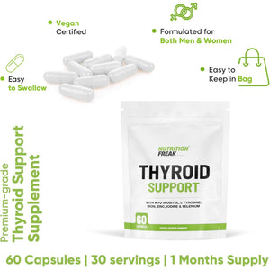 Thyroid Support Supplement - 60 Capsules - Includes Myo Inositol, L-Tyrosine, Iron, Magnesium, Zinc, Manganese, Selenium, Vitamin B12 - Contributes to the Reduction of Tiredness & Fatigue