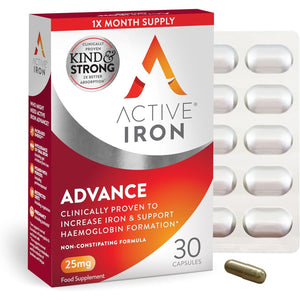 Active Iron Advance Supplement 25 Mg, Non Constipating, Clinically Proven to Increase Iron Levels, Fights Tiredness & Fatigue, 30 Capsules, 1 Month Supply
