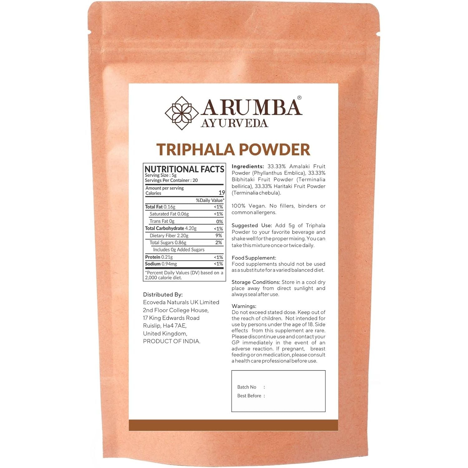 Arumba Ayurveda Triphala Powder 100 Grams for Constipation Relief, Haritaki, Bibhitaki, Amla, Cleanse Vitamin C, Digestion