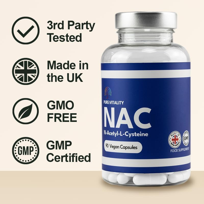 Pure Vitality: NAC Supplement 600Mg X 90 Capsules, Pure NAC Acetylcysteine for Glutathione, Detox, Post Workout Supplements for Men & Women, N-Acetylcysteine (L Cysteine) - GMP & HACCP Certified - UK
