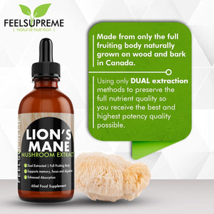 Feel Supreme - Lions Mane Supplement High Strength Mushroom Extract - Liquid Drops, 10:1 - Whole Fruiting Body - Brain Booster Supplements, Mushroom Supplement, Lions Mane Drops - 60Ml