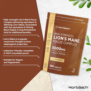 Lions Mane Supplement 5000Mg | Focus Complex with Vitamin B5 & Black Pepper | Lion'S Mane Mushroom Mental Performance Supplement | 180 Vegan Tablets | by Horbaach