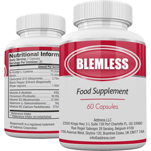 Blemless 30 Day- Clear Skin Supplement Pills Designed to Reduce Oily Breakouts from Spots & Blemishes with Vitamins A, B5, NAC, & Selenium for Women, Men, Teens, & Adults | 60 Natural Capsules