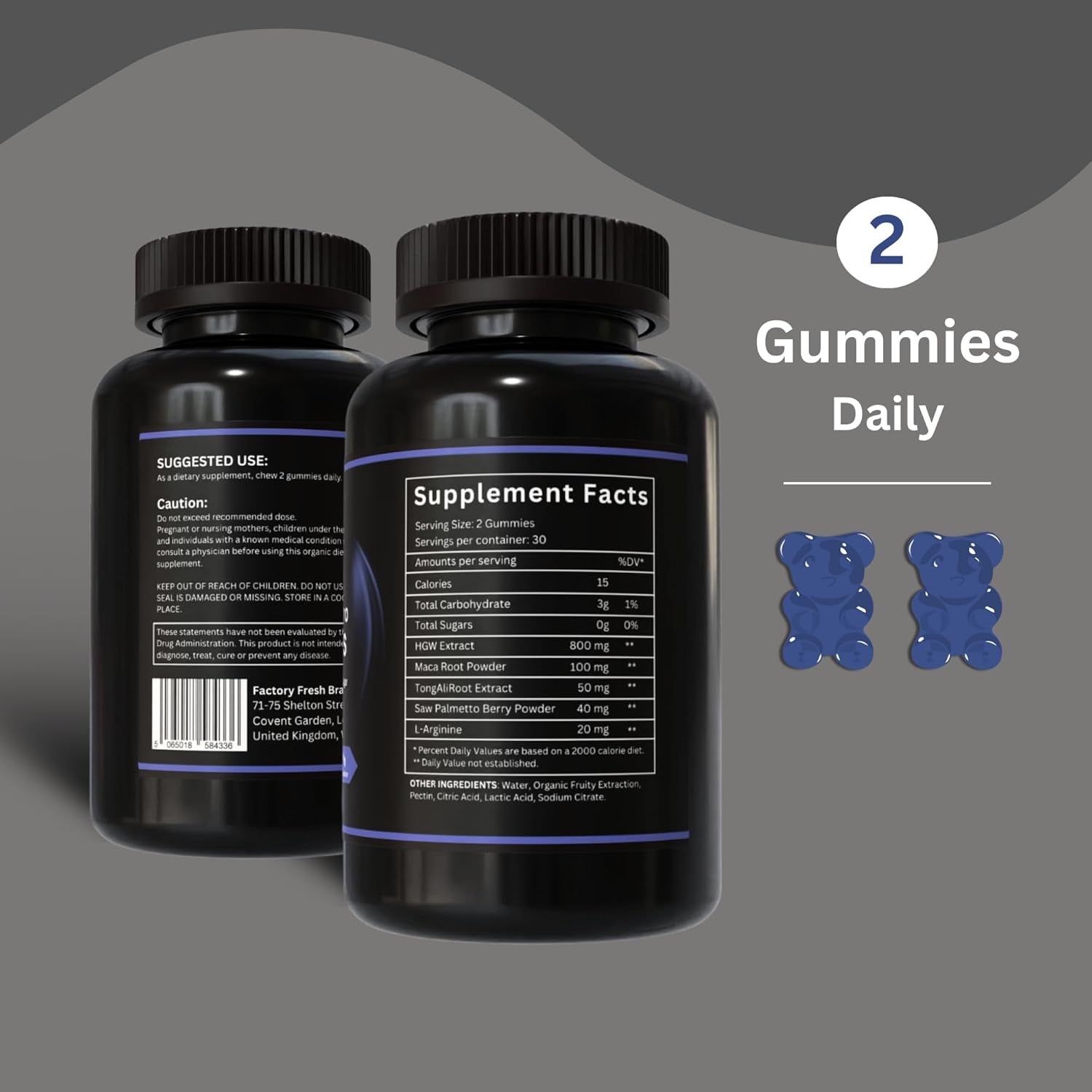 Horngoatpro Gummies - 60 Gummies Blueberry Flavour - with Added Tongaliextract, Maca Root, L-Arginine for Maximum Effect - Vegan, Non GMO, Gluten Free and Low Sugar - for Vitality