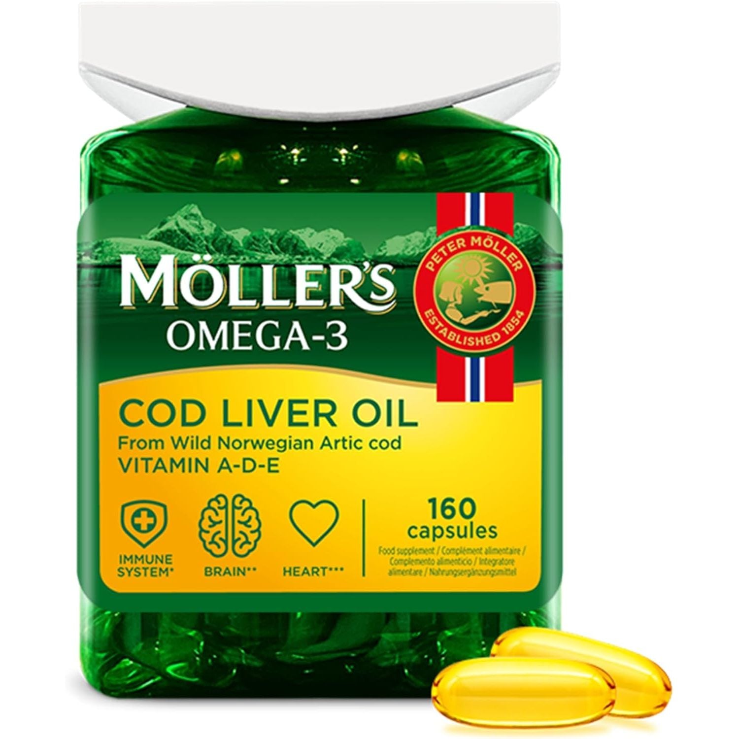 Moller’S ® | Cod Liver Oil Capsules | Omega 3 Fatty Acids DHA & EPA, Contains Vitamin A, D & E, Supports Immune System, Heart Function, Brain Function & Vision | 160 Units