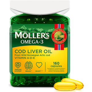 Moller’S ® | Cod Liver Oil Capsules | Omega 3 Fatty Acids DHA & EPA, Contains Vitamin A, D & E, Supports Immune System, Heart Function, Brain Function & Vision | 160 Units