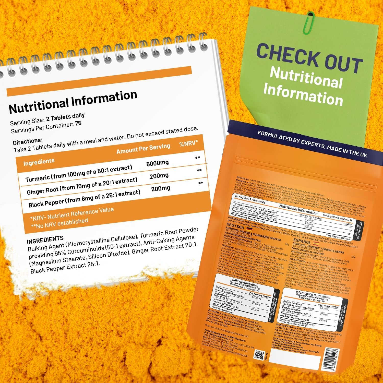 Turmeric Tablets 5400Mg with Black Pepper, Ginger - High Strength Turmeric 95% Curcumin Supplements | 150 Easy Swallow Tablets (Not Capsules or Powder) - Letterbox Friendly - Made in UK - Prowise