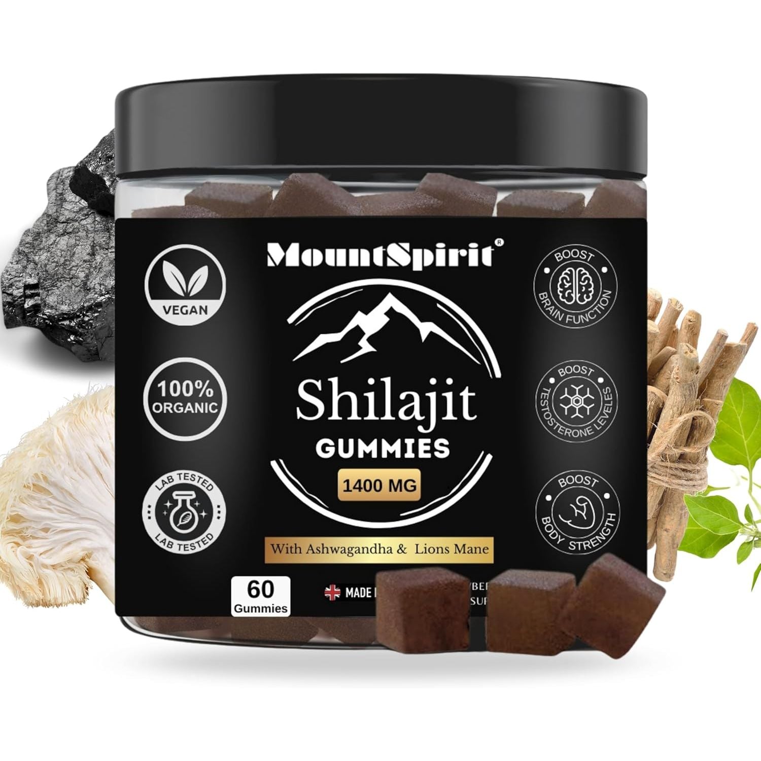 Pure Organic Himalayan Shilajit Gummies with Lion'S Mane Mushroom and Ashwagandha 3-In-1 Max High Strength by Mountspirit™,Fulvic & Humic Acid and 85+ Minerals, for Energy, Immunity & Focus