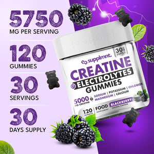 Supplmnt. Creatine Gummies with Electrolytes, 5000Mg Creatine Monohydrate, Blackberry Flavour, 120 Gummies – Vegan, Gluten-Free, Non-Gmo – Food Supplement – 30-Day Supply