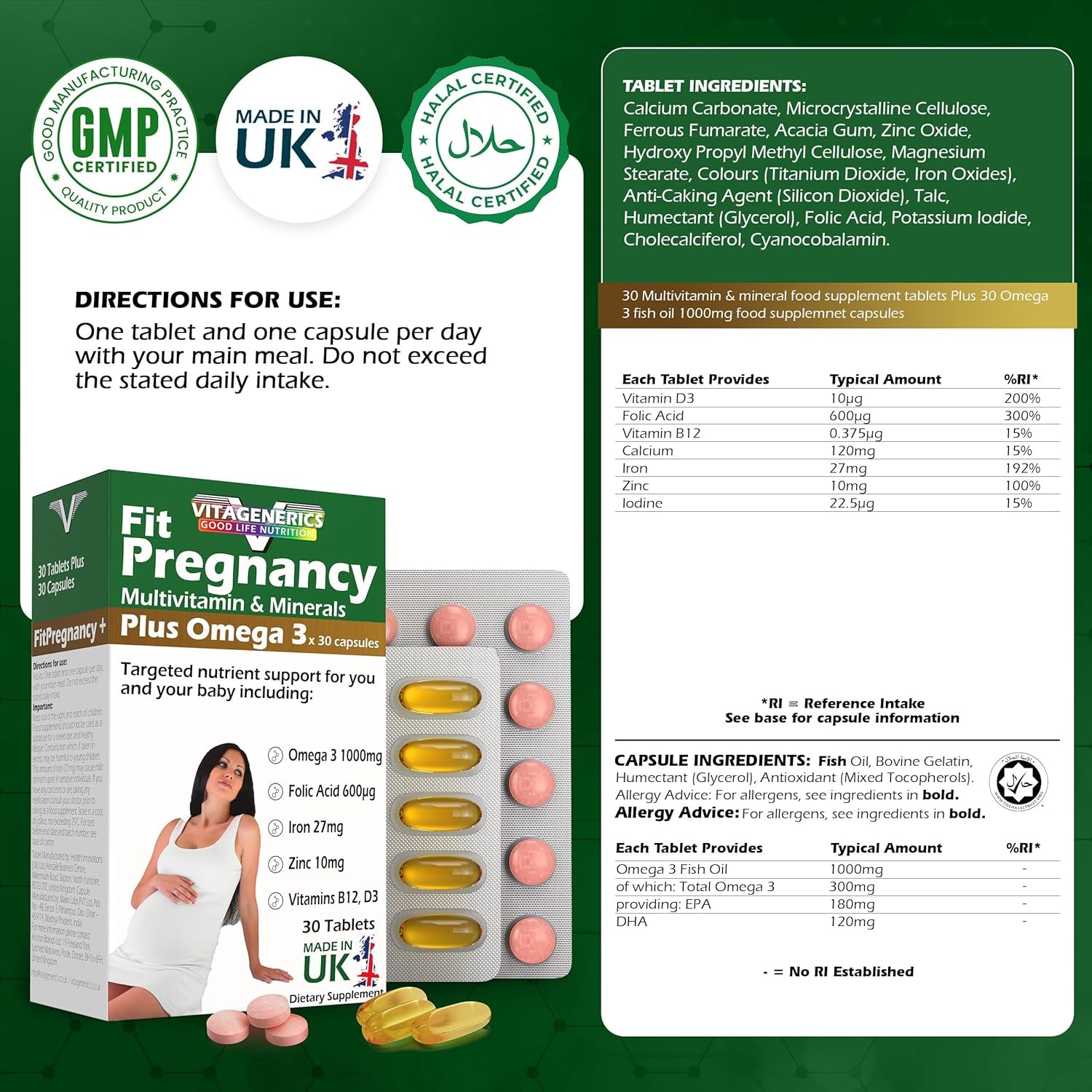 VITAGENERICS Fitpregnancy Multivitamin & Minerals plus Omega 3 | 30 Tablets plus 30 Capsules | with 600Μg Folic Acid, Iron, Zinc, B Vitamins & More. UK Made for Pregnant Women