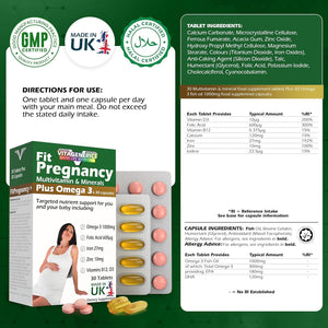 VITAGENERICS Fitpregnancy Multivitamin & Minerals plus Omega 3 | 30 Tablets plus 30 Capsules | with 600Μg Folic Acid, Iron, Zinc, B Vitamins & More. UK Made for Pregnant Women