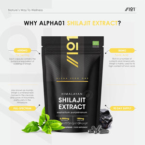 Shilajit Extract 6000Mg - 60% Fulvic Acid (180Mg) - 90 Vegan Capsules - Himilayan Shilajit Resin (3 Months Supply) - Resealable and Recyclable Pouch - by Alpha01