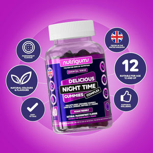 Night Time Complex Gummy | Chamomile, Lemon Balm, Lavender, Griffonia & L-Theanine | Passionfruit Flavour | 60 Vegan Gummies | Sleep & Bed Relaxation Support by NUTRIGUMS®