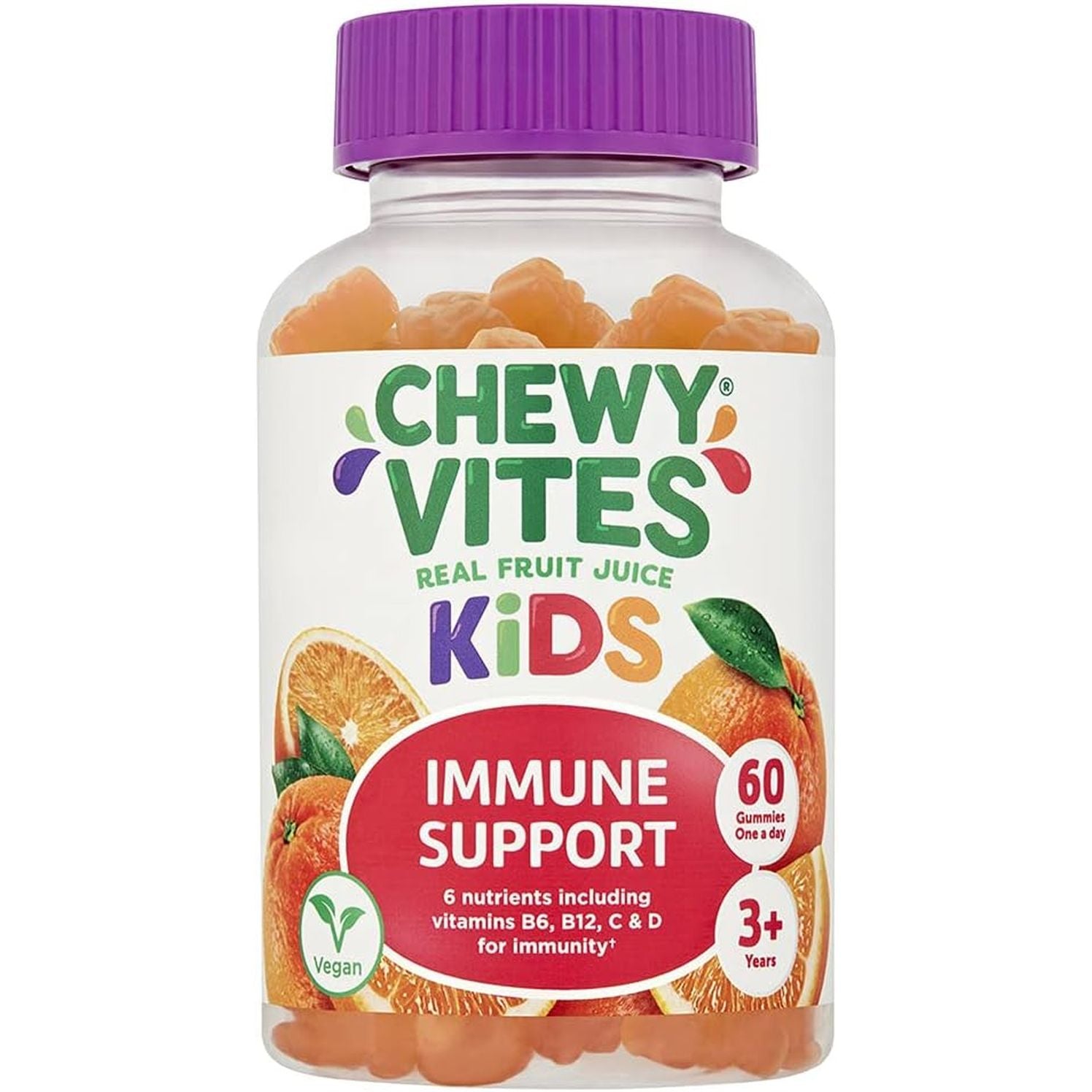 Chewy Vites Kids Immune Support, 60 Kids Vitamins Gummies, High Strength Vitamin D, Vit C, B6, B12, Zinc, Selenium, 2 Months Supply, Real Fruit Juice, Vegan, Age 3 +, Orange Flavour
