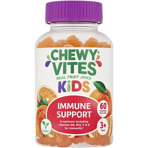Chewy Vites Kids Immune Support, 60 Kids Vitamins Gummies, High Strength Vitamin D, Vit C, B6, B12, Zinc, Selenium, 2 Months Supply, Real Fruit Juice, Vegan, Age 3 +, Orange Flavour
