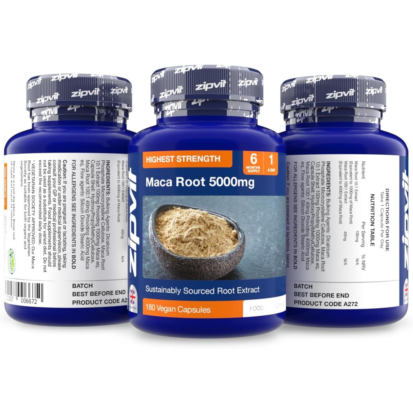 Zipvit Maca Root Capsules 5000Mg, Black Maca and Yellow Maca Combination High Strength Maca Root Powder Extract. 180 Vegan Capsules, 6 Months Supply. Vegetarian Society Approved.