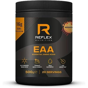 Reflex Nutrition EAA - Complete Essential Amino Acids - 16G Eaas with Bcaas, Vitamin B6, Electrolytes - Full Spectrum Amino Acids Powder for Muscle Growth & Recovery (Mango, 500G, 20 Servings)