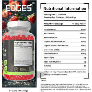 Edges Energy Gummies 60 Guarana Gummies for Men & Women - Guarana Energy Gummies - Strawberry Flavoured Pre-Workout - Gym Supplement - with B12 Vitamins, Lion'S Mane and Maca Root