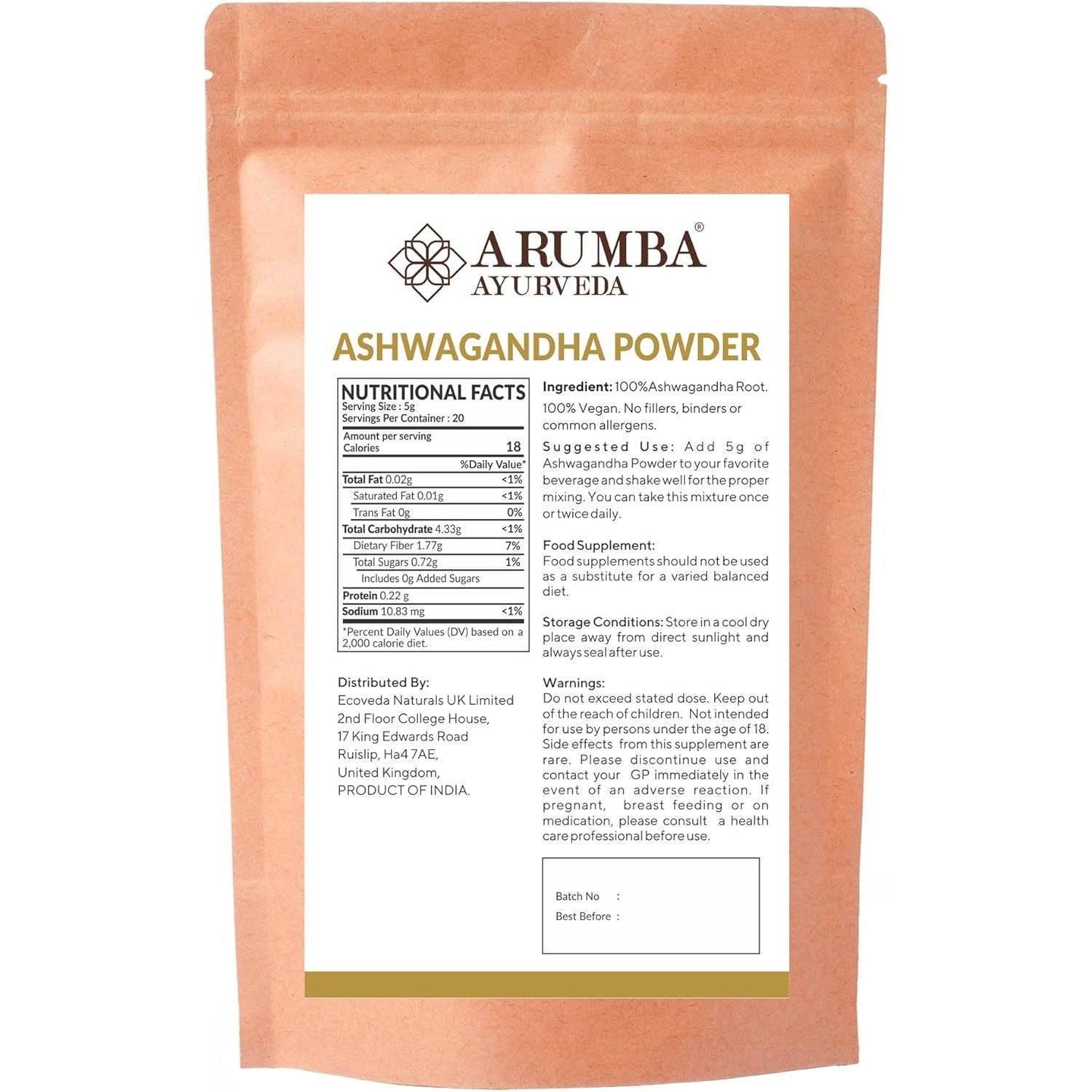 Arumba Ayurveda Ashwagandha Powder 100 Grams - Withania Somnifera Root Powder, Raw, Vegan, Non-Gmo, No Additives or Preservatives