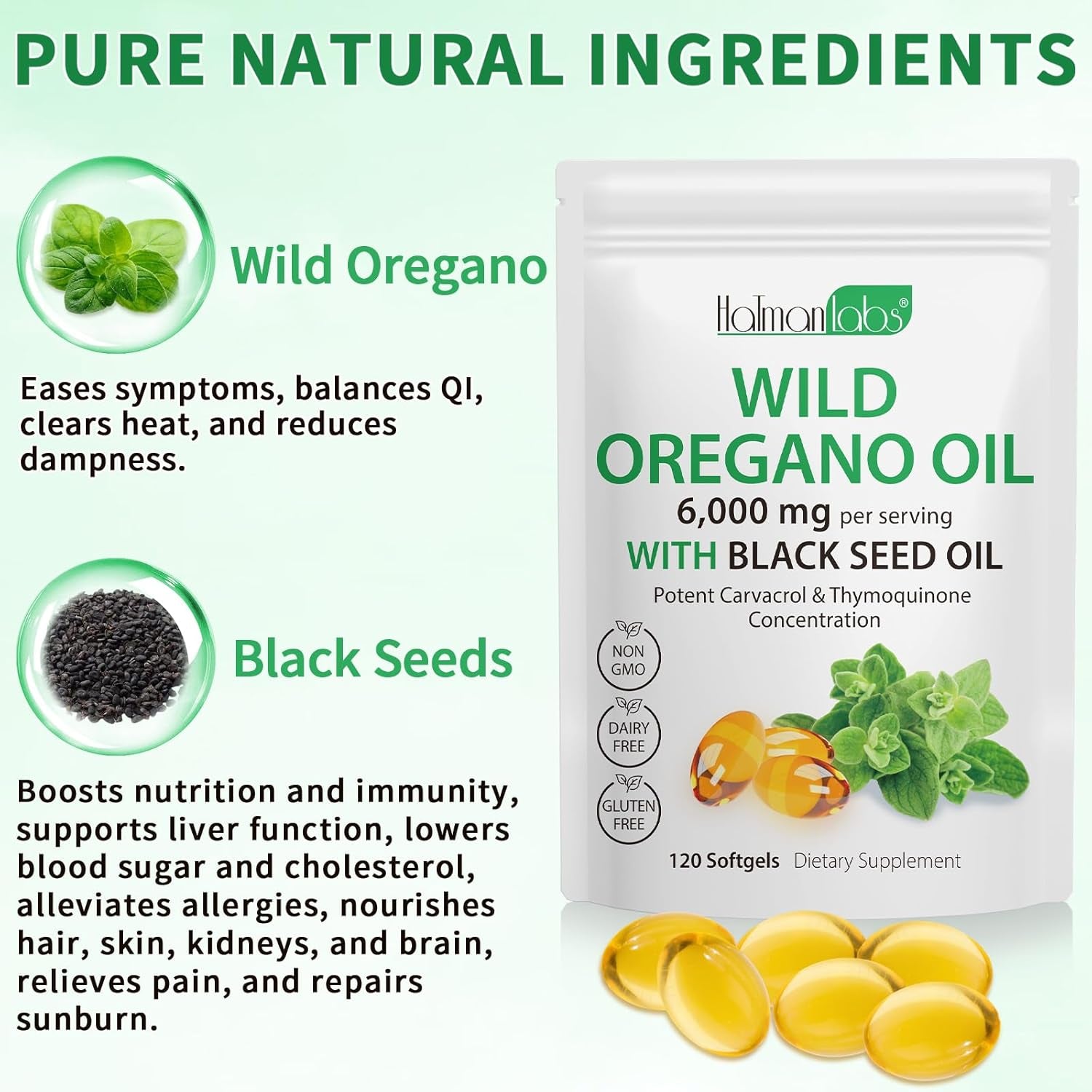 Oil of Oregano Softgels, 2 in 1 6000Mg Oil of Oregano with Black Seed 200Mg, Non-Gmo, Gluten Free, 120 Softgels, Herbal Supplement - Non-Gmo, Supports Immune & Digestive Health