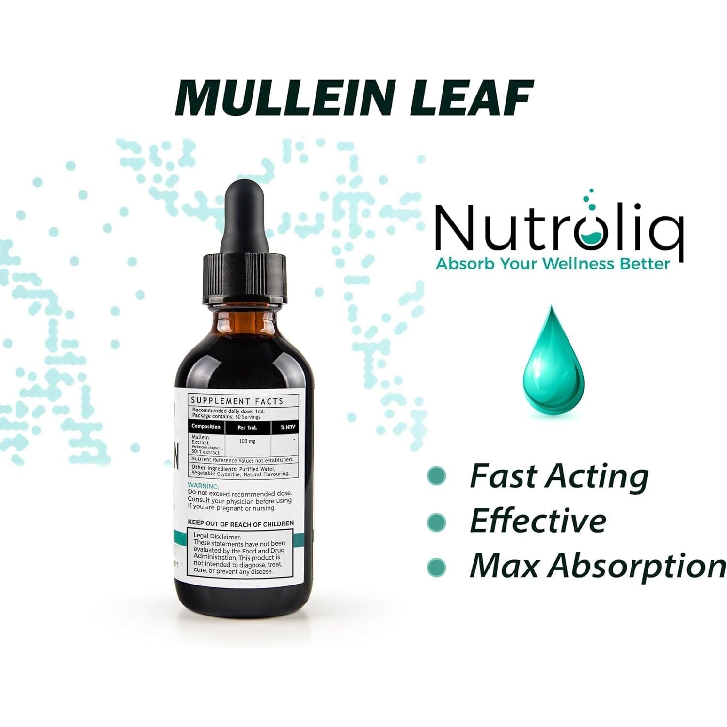 Nutroliq Mullein Leaf 50:1 Extract Drops - Vegan, Non-Gmo Supplements for Lung Cleanse and Respiratory Health, Digestive Wellness, Sound Sleep Support - Fast Absorption Tincture - 60Ml, 2 Month Supply