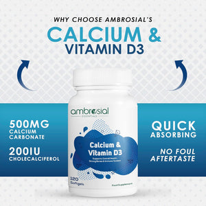 Ambrosial Calcium & Vitamin D Supplement, High Potency, High Strength Calcium, Vitamin D3, Gluten Free, Supports Bone Health, Muscles & Teeth, Pack of 1-120 Softgels