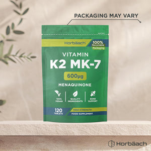 Vitamin K2 MK7 600Mcg | 120 Tablets | High Strength Vitamin K2 Menaquinone MK-7 Supplement | Suitable for Vegans | Letterbox Friendly Packaging | by Horbaach