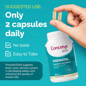 CONCEIVE plus Prenatal Vitamins for Women - Multivitamin with DHA, Choline, Folate, Non GMO Pregnancy Supplement | 30 Day Supply, Pre Conception Vitamin, Fertility Booster, Help Get Pregnant | 60 Caps