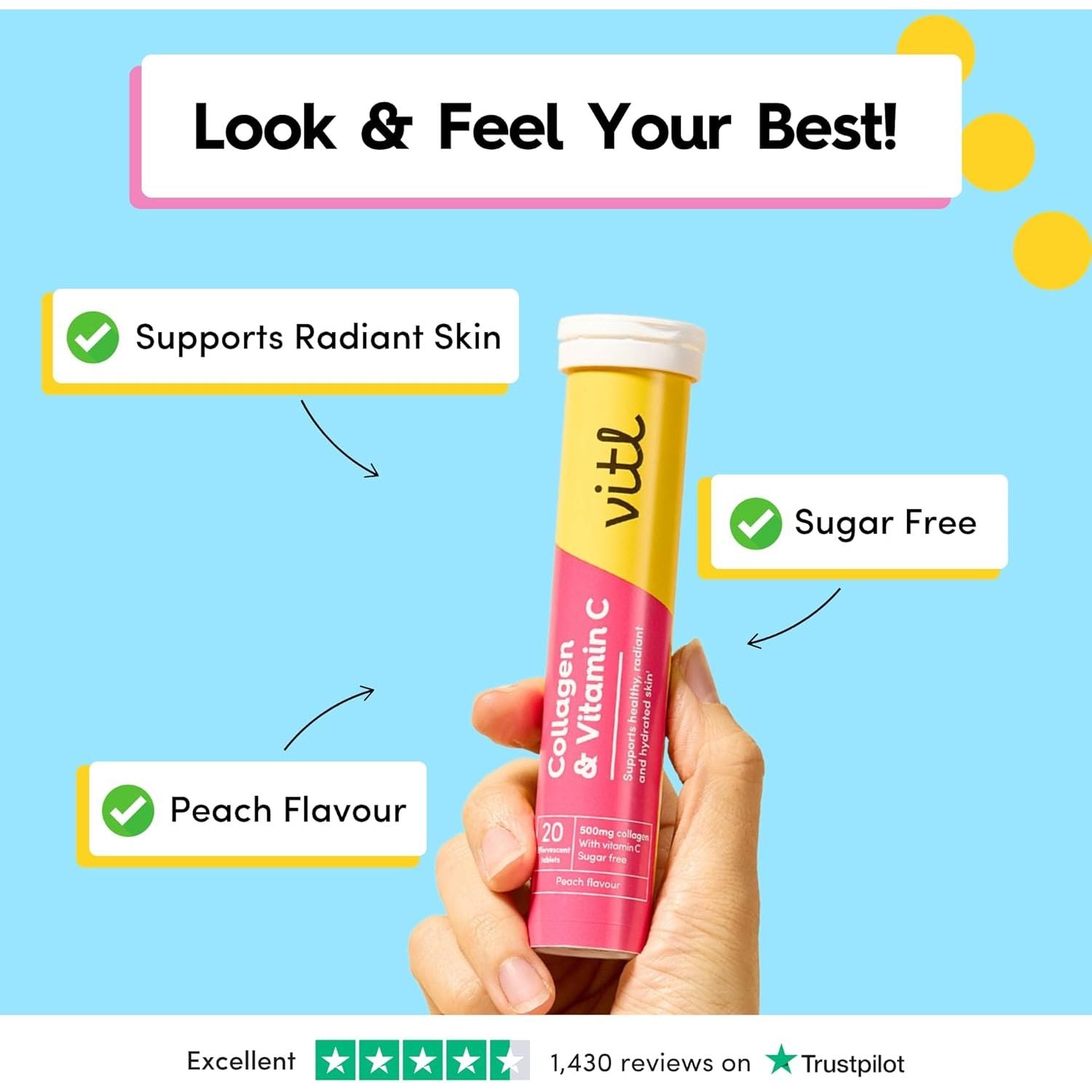 Vitl Collagen & Vitamin C Effervescent - 20 Tablets - Unleash Your Radiant Beauty from within - 1 Month Supply